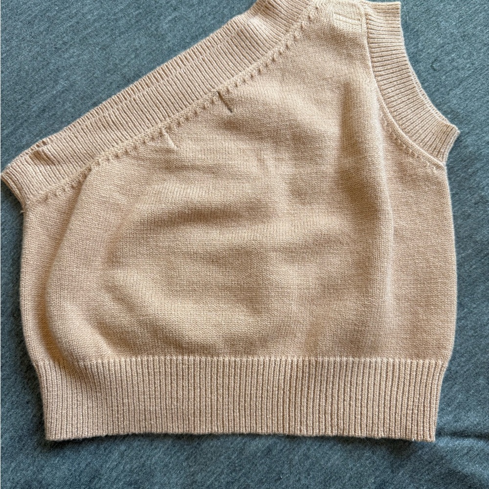 One-Shoulder Tan/Beige Cropped Sweater Top - Picture 3 of 4